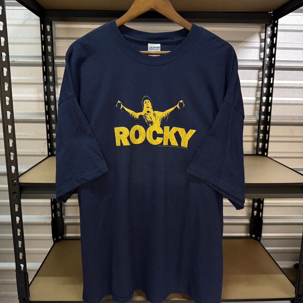 Rocky Movie Graphic T-Shirt Navy Yellow Stallone Boxing Film Tee Mens 2XL